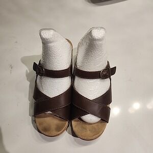 Dansko Sela Brown Leather Sandals Wood Look Platform Women's Size 38 US 8